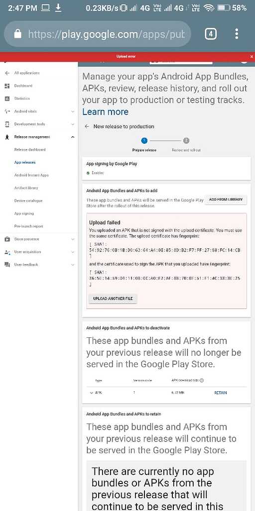 Certificate error in play store - Bugs - Kodular Community