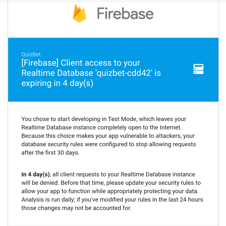 Firebase rules 30 days test mode expired - Discuss - Kodular Community