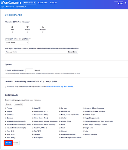 AdColony create app