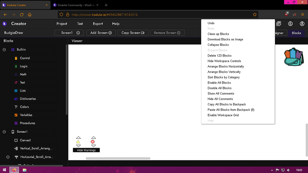 Darkmode bug in "disable workspace grid" - Bugs - Kodular Community