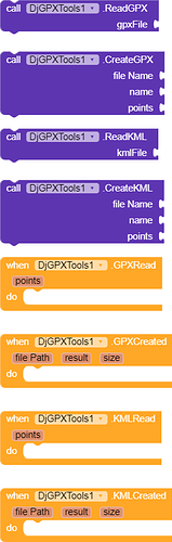 Das Bild zeigt Programmierblöcke zur Verwendung des DjGPXTools1-Moduls, um GPX- und KML-Dateien zu lesen und zu erstellen sowie Ereignisse beim Einlesen oder Erstellen dieser Dateien zu behandeln. (Beschriftet durch KI)