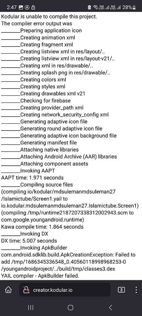 YAIL compiler - ApkBuilder failed - Discuss - Kodular Community