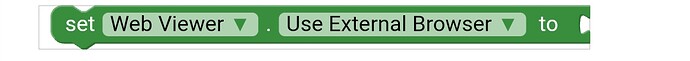 The image shows a block from a visual programming interface setting the 'Use External Browser' property of 'Web Viewer' to true. (Captioned by AI)