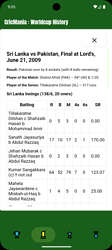 A screenshot of a CricMan cricket app showing the scorecard and match history of the Sri Lanka vs Pakistan final at Lord's on June 21, 2009, with detailed batting statistics for Sri Lanka in their first innings. (Captioned by AI)