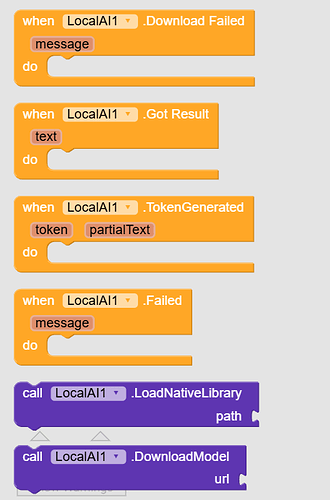 A visual programming interface displaying event handlers and function calls for LocalAI1 related to downloading a model, loading a native library, and handling tokens and results. (Captioned by AI)
