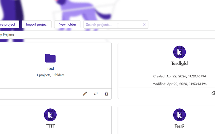 A project management interface showing a folder named 'Test' with 1 project and multiple individual projects labeled 'Tesdfgfd', 'TTTT', and 'Test9', along with options to create, import projects, and create new folders. (Captioned by AI)