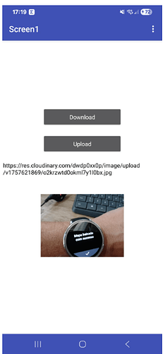 A mobile app screen displays "Download" and "Upload" buttons, a URL link, and an image of a smartwatch showing the message "Mapa baixado com sucesso" on a person's wrist in front of a keyboard. (Captioned by AI)
