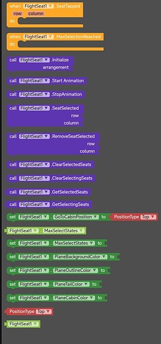 A block-based programming interface showing code segments for initializing, managing, and animating seat selections within a 'FlightSeat1' component, including setting colors and handling seat selection events. (Captioned by AI)