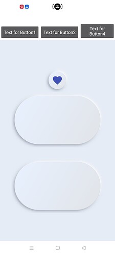 A user interface with three buttons labeled 'Text for Button1', 'Text for Button2', and 'Text for Button3', a heart icon inside a circle, and two large rounded rectangular toggles below them. (Captioned by AI)