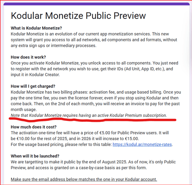 The image shows a public preview announcement for Kodular Monetize, detailing its monetization service features, costs, and subscription requirements. (Captioned by AI)