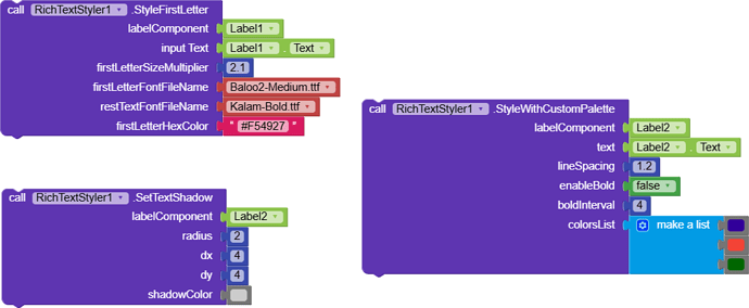 The image shows two blocks of visual programming code configuring text styling properties such as font, color, shadow, and custom palette for label components using the RichTextStyler1 module. (Captioned by AI)