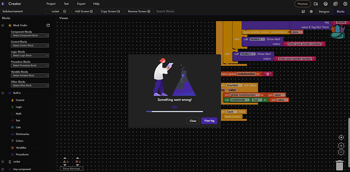 The image shows a programming workspace with code blocks on the right and a pop-up message in the centre stating "Something went wrong!" with options to retry or cancel. (Captioned by AI)