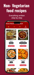 A mobile app screen displays a selection of non-vegetarian food recipes with step-by-step instructions, featuring dishes like Chicken Fry and Chicken Tikka, under the heading 'Non-Vegetarian food recipes.' (Captioned by AI)