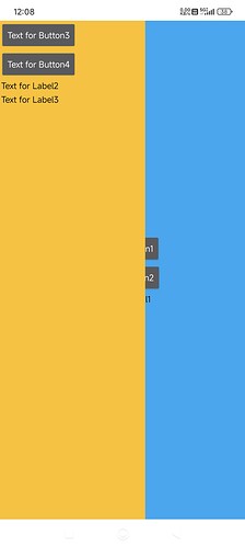 A user interface with a blue horizontal bar at the top displaying the time and battery status, and a yellow vertical section on the left containing four text fields labeled 'Text for Button1' and 'Text for Label1' repeated twice. (Captioned by AI)