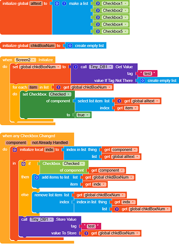 A block-based programming interface with nested loops and conditional statements managing checkbox states and storing values using a database component. (Captioned by AI)