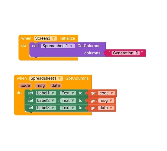 The image shows a block-based programming snippet where a screen initializes by calling a spreadsheet to get columns labeled 'Generation ID', and upon receiving the columns, sets three labels' text properties to code, message, and data values respectively. (Captioned by AI)