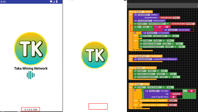 The image shows two screenshots of a mobile application called Take Mining Network (TK) with its logo and a flowchart of colored programming blocks. (Captioned by AI)