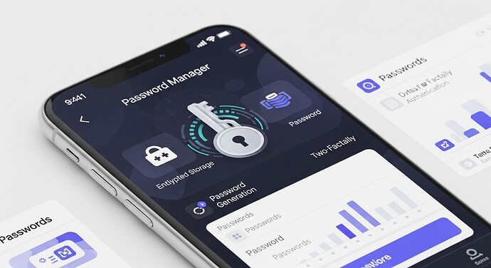 A smartphone displays a password manager app interface featuring a central lock icon, options to unlock apps, view passwords, and password generation, alongside graphs and password details. (Captioned by AI)
