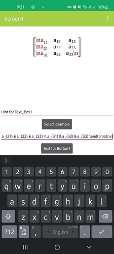 The image shows a mathematical matrix of elements labelled a_ij displayed on a mobile app screen with a keyboard at the bottom and some sample text input related to matrix notation. (Captioned by AI)