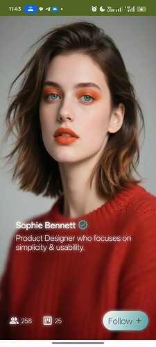 A woman with shoulder-length brown hair and orange eye makeup wearing an orange shirt is featured in a profile advertisement for Sophie Bennett, a product designer focused on simplicity and usability. (Captioned by AI)