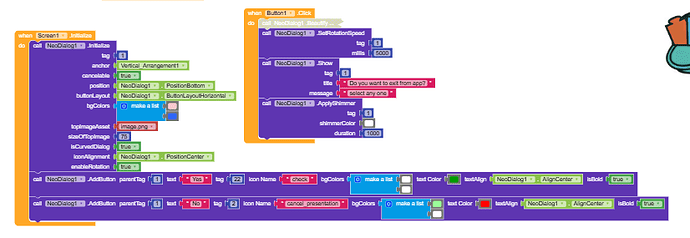 A colourful visual block code interface showing event handlers for Screen1 initialisation and Button1 click, configuring a NeoDialog component with various settings, buttons labelled 'Yes' and 'No', and applying rotation and shimmer effects. (Captioned by AI)