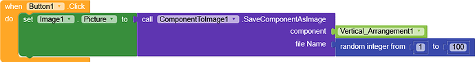 A block of visual programming code that saves the image of Vertical_Arrangement1 with a random file name between 1 and 100 when Button1 is clicked. (Captioned by AI)