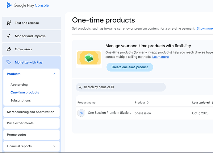 A Google Play Console interface displays the 'One-time products' section under 'Monetize with Play,' showing options to create and manage one-time in-app purchases with a listed product named 'One Session Premium'. (Captioned by AI)