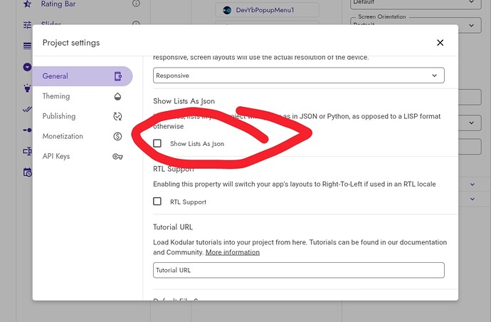A screenshot of a software project settings window with the option 'Show Lists As Json' marked by a red circle and arrow. (Captioned by AI)