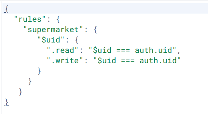 The image shows a Firestore security rules configuration that restricts read and write access to documents within the 'supermarket' collection so that only the authenticated user matching the document ID can access them. (Captioned by AI)