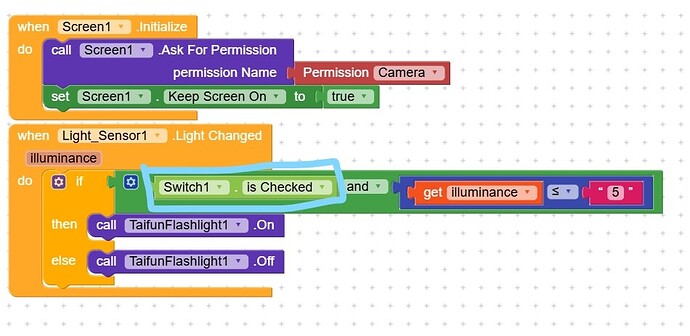 The image shows a block-based programming script that requests camera permission and controls a flashlight using a light sensor and a switch state. (Captioned by AI)