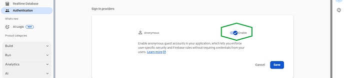 The image displays the Firebase Authentication settings page with the 'Anonymous' sign-in provider enabled and a 'Save' button available. (Captioned by AI)