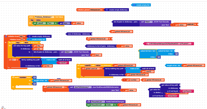 A colorful block-based programming script is displayed, consisting of various interconnected code blocks related to dictionary operations, JSON decoding, and list manipulations. (Captioned by AI)