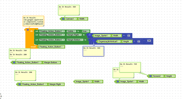 A visual programming interface displaying blocks of code arranged to control floating action buttons and image sprite properties on a screen. (Captioned by AI)
