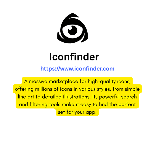 The image is the Iconfinder logo accompanied by a description highlighting it as a massive marketplace for high-quality icons, offering millions of icons in various styles and featuring powerful search and filtering tools to help find the perfect set for apps. (Captioned by AI)