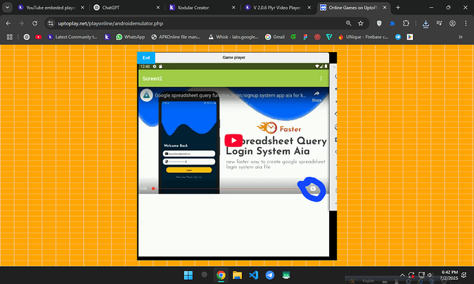 A screenshot shows a game player interface featuring a query about a Google spreadsheet query login system, with a YouTube play button and an arrow pointing to a circled area on the right side. (Captioned by AI)