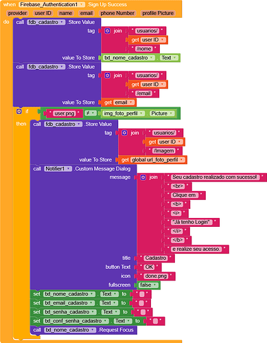 This image shows a colourful block-based programming interface, likely from an app builder like MIT App Inventor, containing blocks to store user registration data, authenticate with Firebase, and display a success message upon signup. (Captioned by AI)