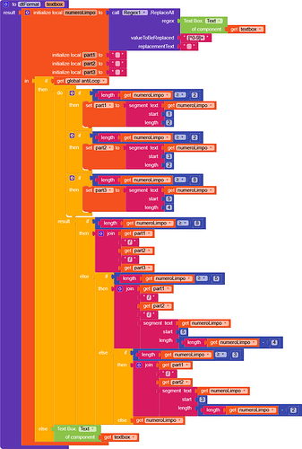 A complex block-based programming script with nested conditional statements and variable assignments, predominantly in orange, purple, and blue colours. (Captioned by AI)