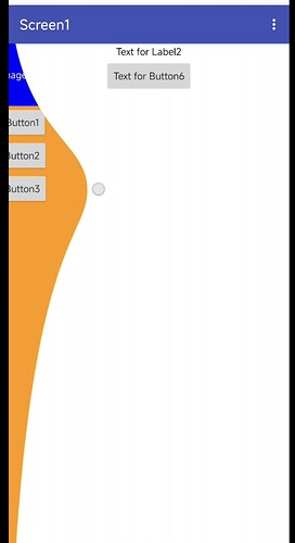 A simple user interface screen labeled 'Screen1' featuring an orange sidebar with three buttons labeled Button1, Button2, and Button3, and a white main area with labels displaying text for Label2 and Button6. (Captioned by AI)