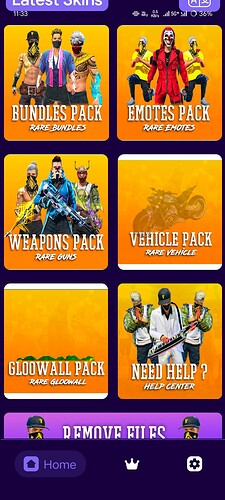 The image shows a mobile app interface with options for downloading different game packs including bundles, emotes, weapons, vehicle, glowwall packs, and a help section. (Captioned by AI)