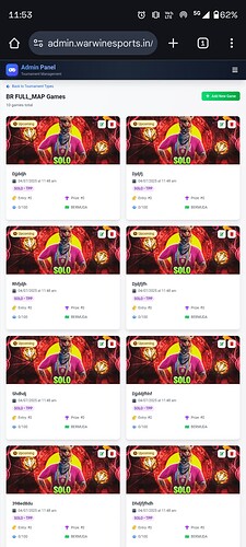 The image shows an admin panel webpage displaying multiple match listings for fantasy cricket games, each featuring player icons, entry fees, and prize details. (Captioned by AI)