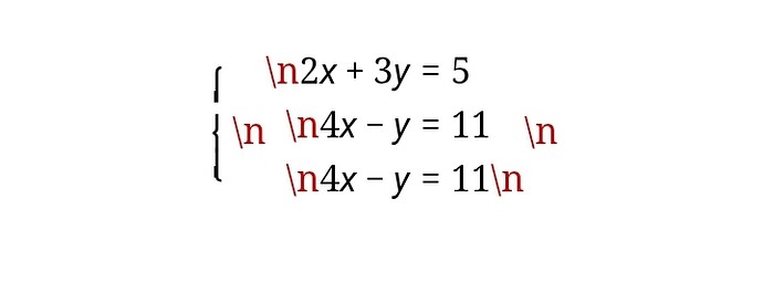 The image shows a system of three linear equations inside curly braces, with escape characters  interspersed throughout the text. (Captioned by AI)