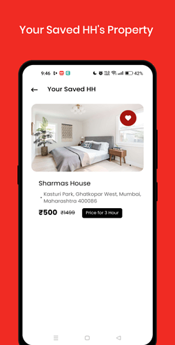 A mobile app screen displays a saved property listing for 'Shaurms House' in Mumbai, showing a bedroom image, price ₹1500 per night, and options to message or view details. (Captioned by AI)