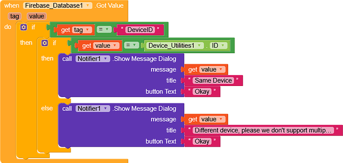 This image shows a block-based programming script that checks if a device's ID from a Firebase database matches the current device's ID and then displays a dialog message indicating whether it is the same device or a different device is detected. (Captioned by AI)