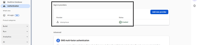 The image shows a web interface for Authentication settings, listing an enabled Anonymous sign-in provider with an option to add new providers and details about SMS multi-factor authentication. (Captioned by AI)