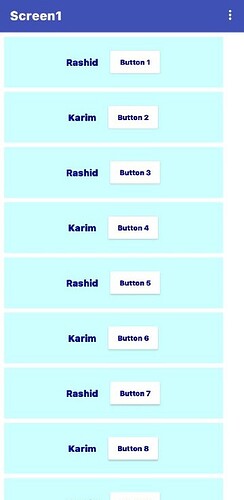A mobile app screen titled "Screen1" displaying a list of alternating names "Rashid" and "Karim" each followed by a numbered button from 1 to 8 in a vertical layout with light blue background sections. (Captioned by AI)