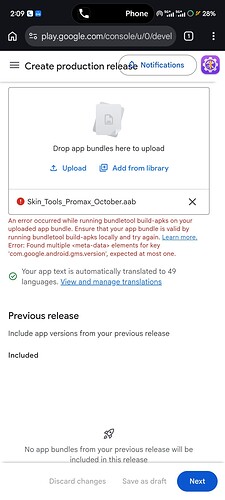 A screenshot of a webpage for creating production credentials, featuring options to drop app bundles, read terms of service, and include previous releases, with navigation buttons at the bottom. (Captioned by AI)