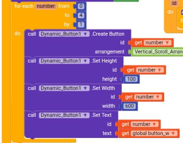 The image shows a block-based programming code snippet that creates and configures multiple buttons with specific height, width, and text properties in a loop. (Captioned by AI)