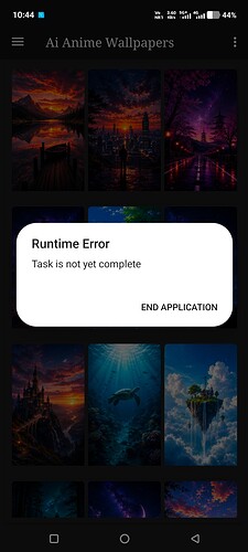 A smartphone screen displaying an app called 'AI Anime Wallpapers' with a runtime error message that says 'Task is not yet complete' and an option to end the application. (Captioned by AI)