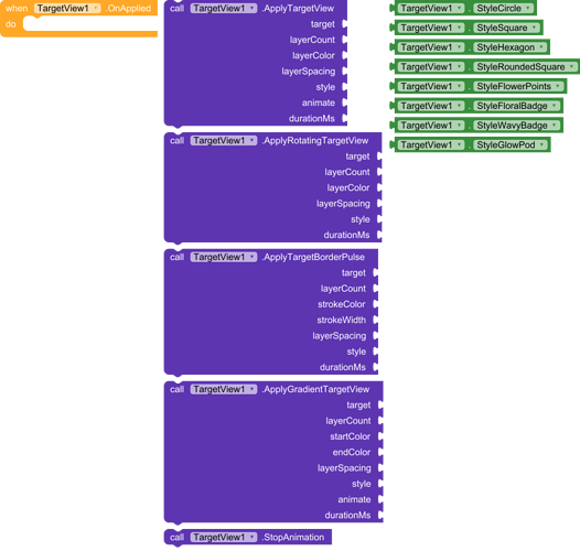A block-based programming interface with blocks configuring styles and animations for a TargetView component using various properties and method calls. (Captioned by AI)