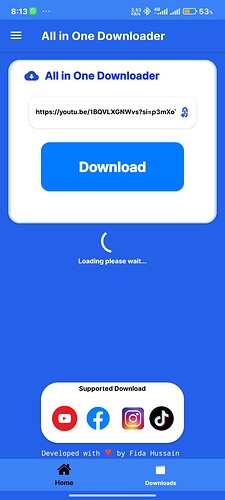 A mobile app screen titled 'All in One Downloader' showing a URL input box, a large blue 'Download' button, a loading spinner with text 'Loading please wait...', and icons for supported download platforms including YouTube, Facebook, Instagram, and TikTok. (Captioned by AI)